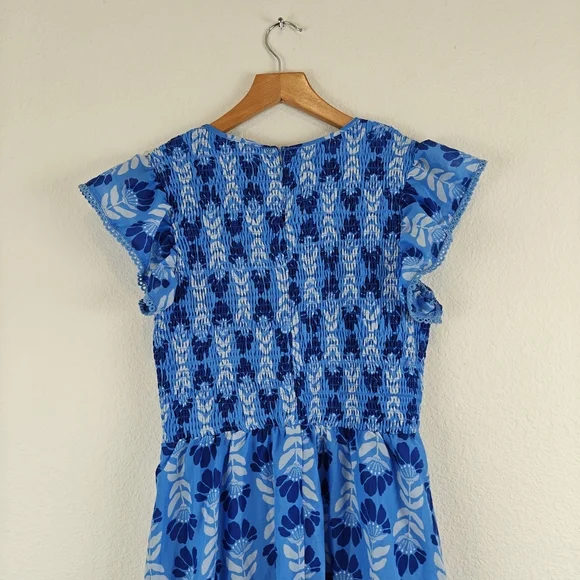 J. Marie Nwot The Luna Ruched Midi Floral Blue Dress Ruffle Sleeves Sz Medium - Picture 15 of 16